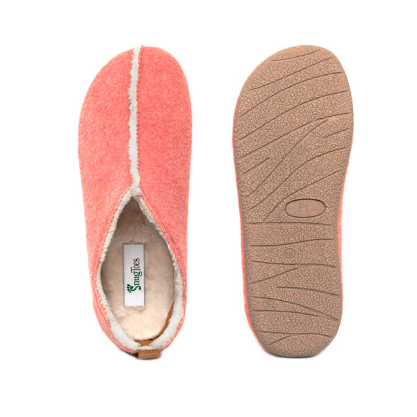 Iya Recycled Polyester and faux fur slippers by Snugtoes, colour salmon